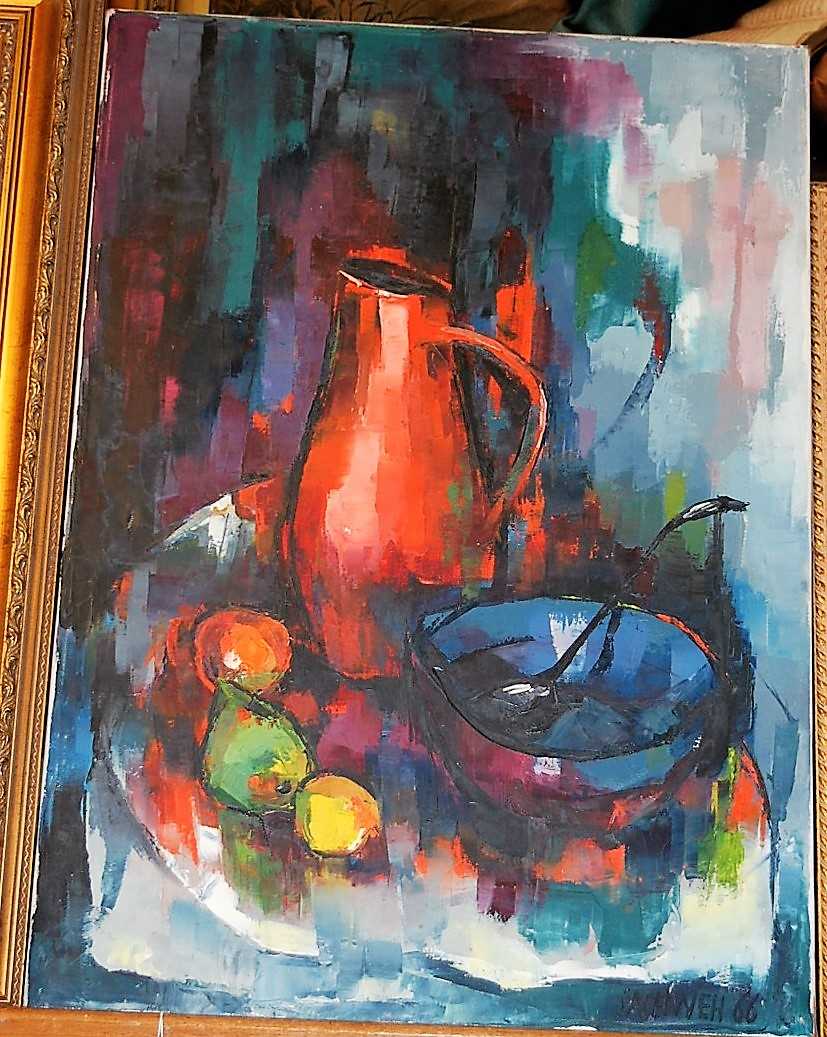 Sachweh - Still life with fruit, palette knife oil on canvas, signed and dated '66 lower right, 70 x