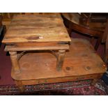 A rustic pine low round cornered two-drawer coffee table, length 122cm; together with a hardwood and