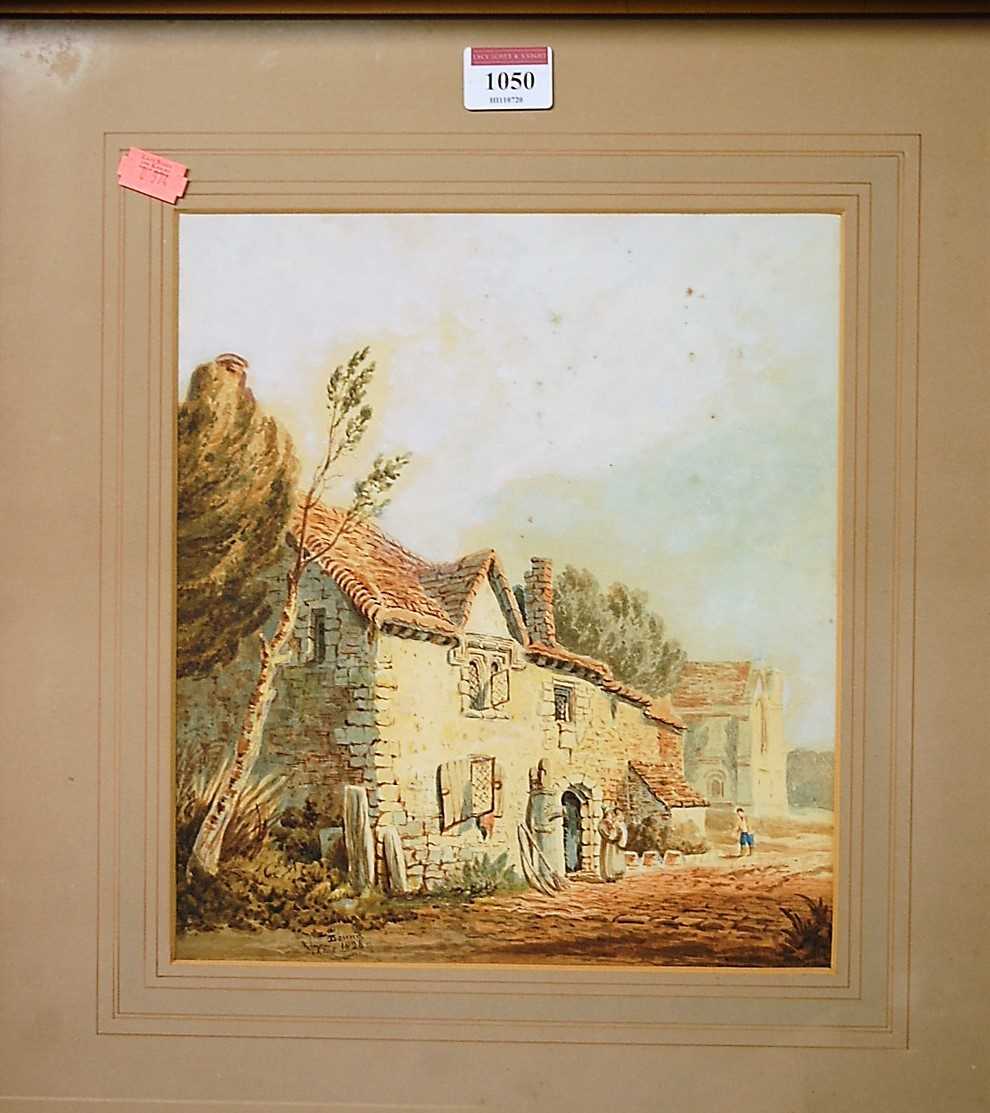 Thomas Lound (1801-1861) - Figures before a stone house, watercolour, signed and dated 1826 lower