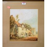 Thomas Lound (1801-1861) - Figures before a stone house, watercolour, signed and dated 1826 lower