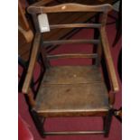 A provincial 19th century panelled seat ladder back elbow chair, together with three 19th century