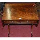 A small reproduction mahogany and flame mahogany two-drawer drop flap low occasional table, width