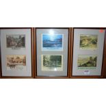 A set of three reproduction prints, as railway travel posters, each framed as doubles and each