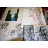 A tray of assorted drawings and sketches, principally by Peter Reid, all being loose and unframed
