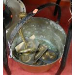 A Victorian brass preserve pan, with iron swing handle; together with a wash jug and bowl etc