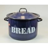 A blue enamelled twin handled bread bin and cover, height 25cm