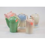 A collection of five various Susie Cooper Crownworks coffee pots, decorated in various palettes, h.