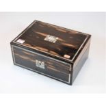 A Victorian calamander and mother of pearl inlaid lady's work box, the hinged lid revealing silk-