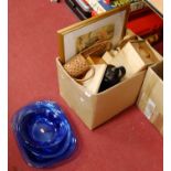 Mixed lot to include blue glass bowls, treen, modern print, etc