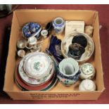 A box of miscellaneous china and glassware, to include Mason's ironstone ginger jar and cover in the