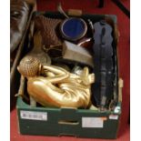 A box of sundries to include various metalware, horse brasses, etc