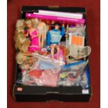 A collection of Barbie dolls together with furniture, clothing, and three related volumes