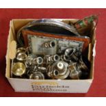 A box of miscellaneous silver plated wares, to include gallery tray, teawares, candelabra etc