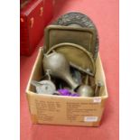 A box of miscellaneous metalware, to include pewter tray, Eastern brass bottle vase, Eastern Yi-Xing