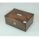 A Victorian rosewood and mother of pearl inlaid ladies work box, the hinged lid revealing a silk