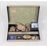 A jewellery box and contents, to include a 9ct gold finelink necklace, a gilt metal charm