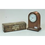 An Edwardian mahogany and boxwood strung dome top mantel clock having enamelled dial with Arabic