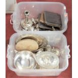 Two boxes of assorted plated ware to include bread board, telescopic candle stick, biscuit barrel,