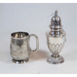 A late Victorian silver pedestal lighthouse sugar caster having spiral reeded and fluted body, 5.