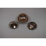A pair of James Dixon & Sons silver pin trays, each having embossed rims, 1.9oz, dia. 9cm,