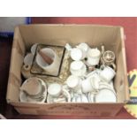 A box of miscellaneous china and glassware, to include Wedgwood coffee cans and saucers, Noritake