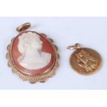 A modern 9ct gold pendant, 1.1g, together with a carved shell cameo pendant in 9ct gold mount, gross