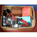A box of miscellaneous binoculars, cameras and equipment, to include Asahi Pentax S1A camera, a