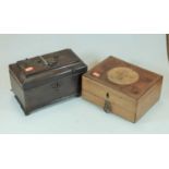 A George III mahogany tea caddy together with a Victorian pine, yew wood and chequer strung work box