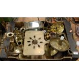 A box of miscellaneous metalware to include brass cased lantern, chamber sticks, candle sticks,