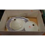 A box of miscellaneous items, to include ceramic conical lightshades, Victorian meat plate etc