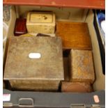 A box of miscellaneous items, to include 1920s oak table-top playing card case, Indian carved