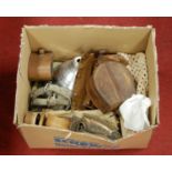 A box of miscellaneous items, to include suede gaiters, flat irons, leather collar box etc