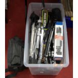 A box of assorted camera equipment and accessories, to include a JVC Optical 22X video camera,