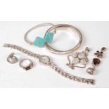 Assorted modern silver and white metal costume jewellery to include bangles, pendant, bracelet watch