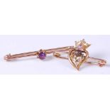 A 9ct gold and amethyst set safety pin brooch, 2.5g, together with one other yellow metal amethyst