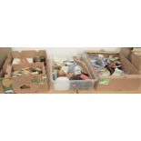 Three boxes of mixed ceramics, sundry flatwares, topographical prints, metalware etc