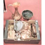 A box of assorted copper and brassware to include jug, range kettles, jardiniere, etc