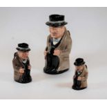 A graduated set of three Royal Doulton character jugs of Winston Churchill, the largest h.