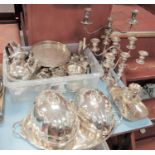 Assorted plated wears to include pair three light candelabra, single three light candelabrum,