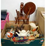 A child's oak spinning seat with a miniature beechwood spinning wheel, together with a box of