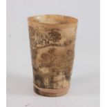 An early 19th century horn beaker, carved with a hunting scene, h.12cmCondition report: With large