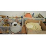 Four boxes of sundries to include a set of four Grays Pottery Sunbuff pattern graduated meat dishes,