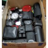 A box of miscellaneous items, to include modern Helios 10x25 binoculars, various pocket hip