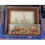 A Kemps lithograph printed biscuit "Tally Ho" tin, together with a humorous golfing print (2)