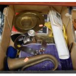 A box of miscellaneous items, to include a copper bugle with Royal Artillery crest, a silver dwarf