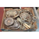 Assorted plated wares to include entree dishes, pair candlesticks, loose flatwares etc
