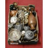 A box of miscellaneous metalware, to include a Victorian three-piece coffee set, a copper vase,
