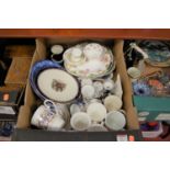 A box of miscellaneous china, to include commemorative mugs and plates, various teawares etc