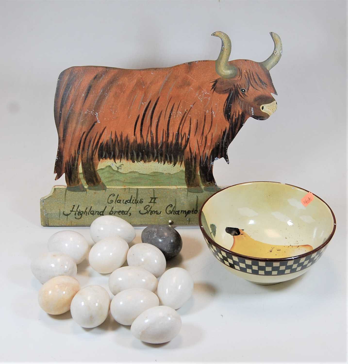 A Sarah Akin-Smith porcelain bowl, the centre decorated with a sheep; together with a modern painted