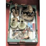 A box of miscellaneous metalware, to include silver engine turned napkin ring, a silver mount, loose